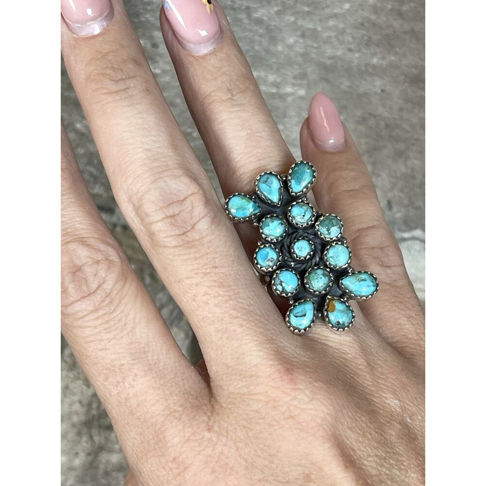 Native Style Southwest Turquoise Cluster Ring Sterling Silver Adjustable Long - Picture 10 of 10